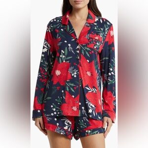 NORDSTROM Christmas Floral Poinsettia Pajama Set Red and Blue Small